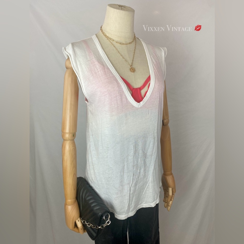 ZADIG & VOLTAIRE 'BROOKLYN STRASS' STUDDED SKULL MUSCLE TEE IN WHITE - Picture 2 of 5